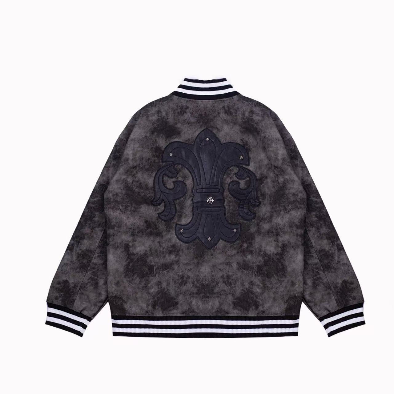 Fleur-de-lis Patch Varsity Jacket - Grey Tie-dye Outerwear A5588